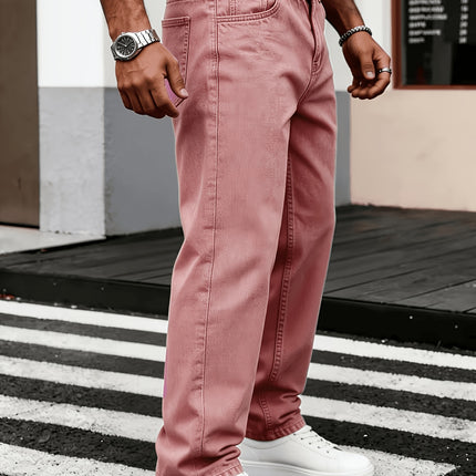 Heren Casual Losvallende Jeans met Rechte Pijpen, Modieuze Straatstijl Lichtroze Denim, Normale Lengte, Comfort voor Alle Seizoenen, Vrijetijdskleding