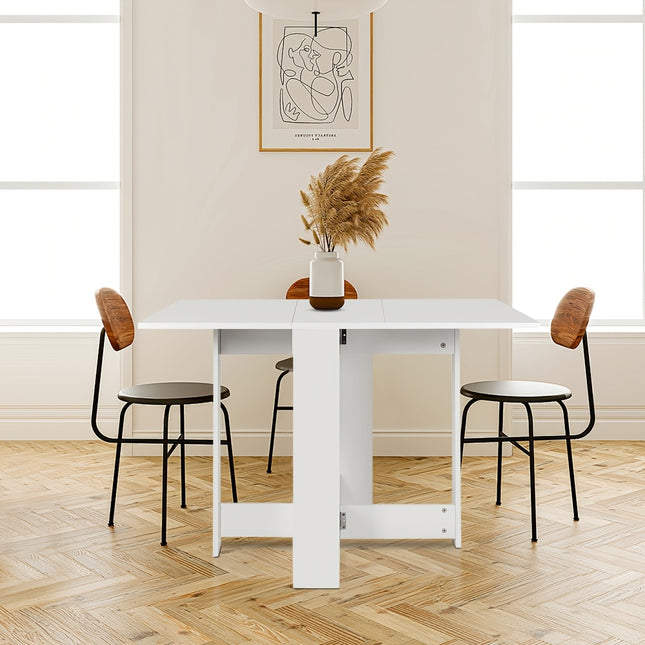 Witte ruimtebesparende eettafel van MDF met klassiek onderstel, afmetingen 102,5 x 76 x 73 cm, geschikt als compacte keukentafel.