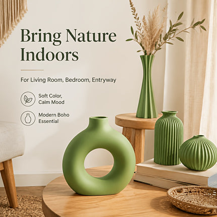 4 stuks Olijfgroene Kunst 3D Geprinte Vaas, Geometrisch Hol Verticale Streep Onbreekbaar Bloemvormig Vaas, Huis Desktop Decoratie Ornament