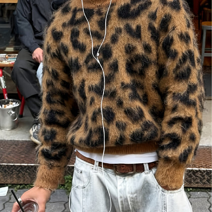 ANDREILEE Luipaardprint Lange Pluche Herentrui, Modieuze Streetstyle Trend, Veelzijdig voor Dagelijks Woon-werkverkeer, Pullover met Ronde Hals, Lange Mouwen, Losvallende Pasvorm, Herfst/Winter Gebreide Trui voor Heren
