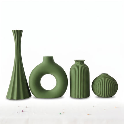 4 stuks Olijfgroene Kunst 3D Geprinte Vaas, Geometrisch Hol Verticale Streep Onbreekbaar Bloemvormig Vaas, Huis Desktop Decoratie Ornament
