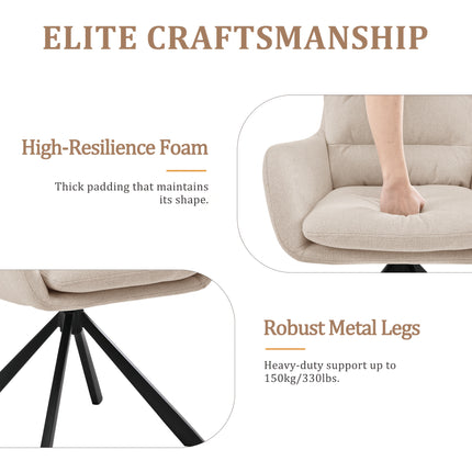 Zes draaibare eetkamerstoelen met armleuningen, gestoffeerde zitting, hoge rugleuning en zwarte metalen poten in licht taupe, donkerbruin, crèmewit, antracietgrijs, zandbeige en cognac.