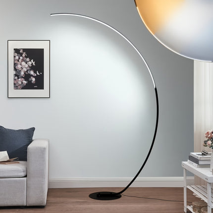 Zwarte moderne LED booglamp van 165 cm met slank gebogen metalen frame, ronde voet en geïntegreerde verlichting, dimbare staande vloerlamp voor woonkamer en slaapkamer.