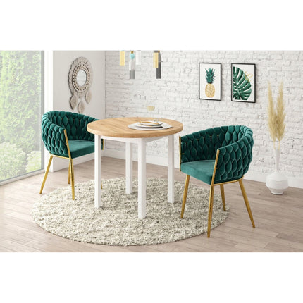 Drie luxe fluwelen eetkamerstoelen met armleuningen in beige, donkergroen en grijs, met gevlochten kuiprugleuning en zwarte metalen poten – Model G.