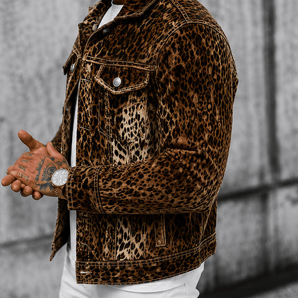 Ultra-coole spijkerjas, Amerikaanse High -stijl, heren lente/herfst gewassen luipaardprint trendy hiphop losvallende heren bovenkleding, winterjas heren
