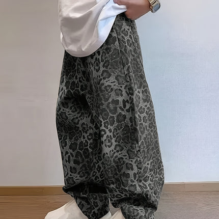 Trendy Amerikaanse Street Cool Luipaardprint Heren Jeans All-Season Nieuwe Vintage Losse Drape Versatile Wide-Leg Broek
