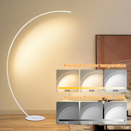 Zwarte moderne LED booglamp van 165 cm met slank gebogen metalen frame, ronde voet en geïntegreerde verlichting, dimbare staande vloerlamp voor woonkamer en slaapkamer.