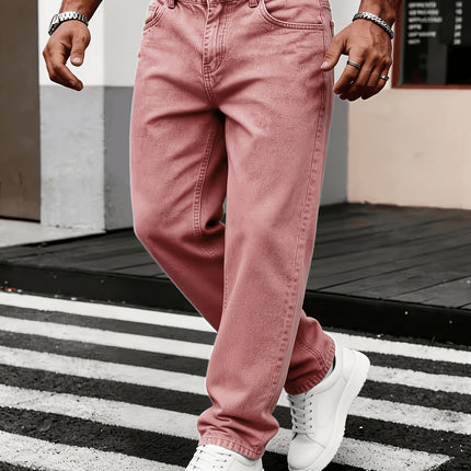 Heren Casual Losvallende Jeans met Rechte Pijpen, Modieuze Straatstijl Lichtroze Denim, Normale Lengte, Comfort voor Alle Seizoenen, Vrijetijdskleding