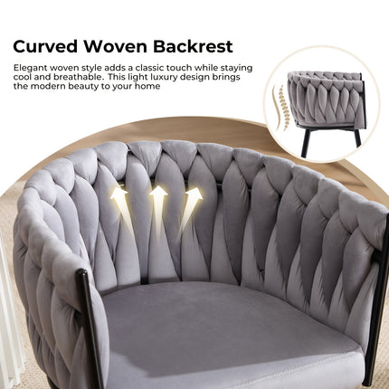 Set van 2 Luxe Eetkamerstoelen  – Fluweel met Geweven Rugleuning en Armleuningen – Ergonomische Stoelen met Zwarte Metalen Poten – Modern Design