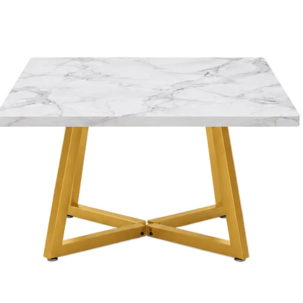 Moderne vierkante eettafel 80x80 cm met wit marmerlook tafelblad en goudkleurig metalen onderstel, vooraanzicht op witte achtergrond.