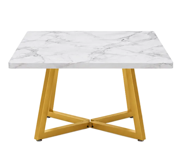 Moderne vierkante eettafel 80x80 cm met wit marmerlook tafelblad en goudkleurig metalen onderstel, vooraanzicht op witte achtergrond.