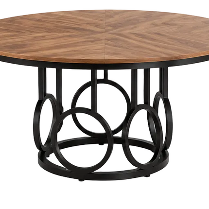 Ronde eettafel 120 cm met bruin houten tafelblad en zwart metalen onderstel met decoratieve ringen, vintage eetkamertafel voor 4 tot 6 personen op witte achtergrond.