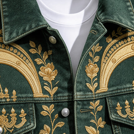 Herenjas in Vintage Court-stijl met donkergroene digitale print en omslagkraag, Casual kleding voor alle seizoenen, Perfect voor dagelijks woon-werkverkeer op straat en feestelijke gelegenheden