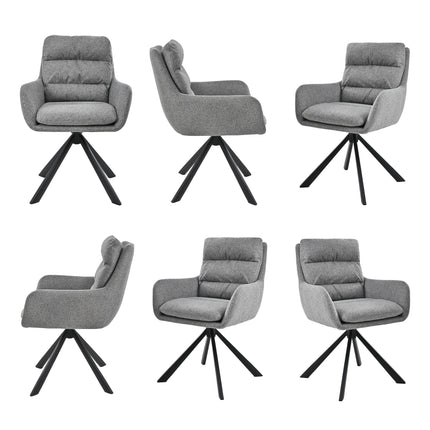 Zes draaibare eetkamerstoelen met armleuningen, gestoffeerde zitting, hoge rugleuning en zwarte metalen poten in licht taupe, donkerbruin, crèmewit, antracietgrijs, zandbeige en cognac.
