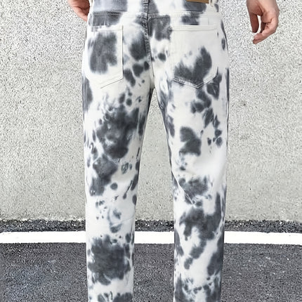 Heren Jeans met Tie-Dye Print, Gewone Cropped Jeans, Casual Veelzijdige Jeans met Zakken