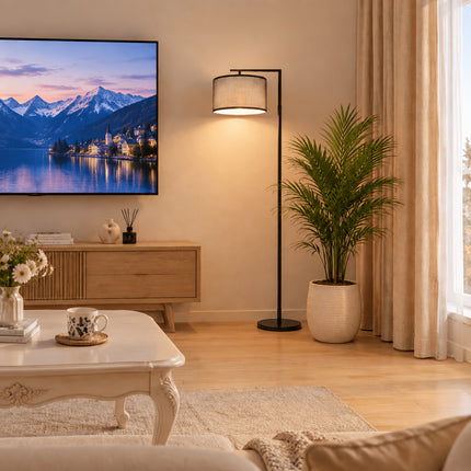 Moderne Staande Lamp Zwart met Beige Stoffen Lampenkap 166 cm Hoog – Vloerlamp voor Woonkamer en Slaapkamer