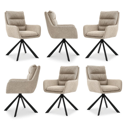 Zes draaibare eetkamerstoelen met armleuningen, gestoffeerde zitting, hoge rugleuning en zwarte metalen poten in licht taupe, donkerbruin, crèmewit, antracietgrijs, zandbeige en cognac.