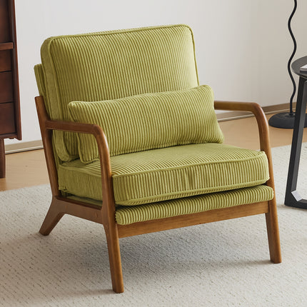 Retro Fauteuil Armstoel Beige Groen Blauw Ribstof – Houten Frame – Mid-Century Design Loungestoel
