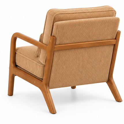 Retro Fauteuil Armstoel Beige Groen Blauw Ribstof – Houten Frame – Mid-Century Design Loungestoel