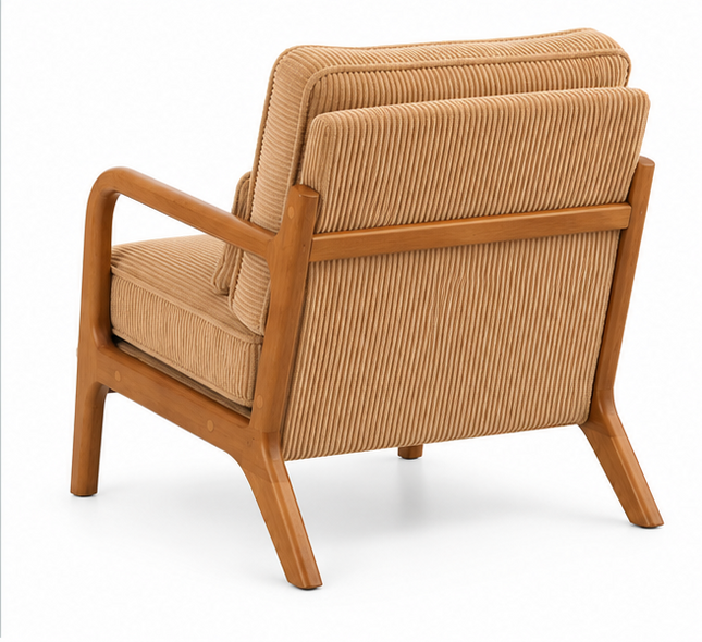 Retro Fauteuil Armstoel Beige Groen Blauw Ribstof – Houten Frame – Mid-Century Design Loungestoel