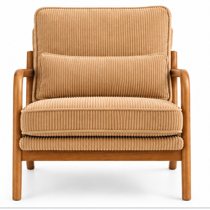 Retro Fauteuil Armstoel Beige Groen Blauw Ribstof – Houten Frame – Mid-Century Design Loungestoel