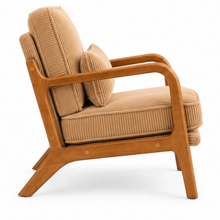 Retro Fauteuil Armstoel Beige Groen Blauw Ribstof – Houten Frame – Mid-Century Design Loungestoel