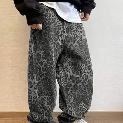 Trendy Amerikaanse Street Cool Luipaardprint Heren Jeans All-Season Nieuwe Vintage Losse Drape Versatile Wide-Leg Broek