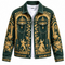 Donkergroene Vintage Court herenjas met goudkleurige barokprint, bloemenmotieven, klassieke figuren, reverskraag en knoopsluiting, vooraanzicht.