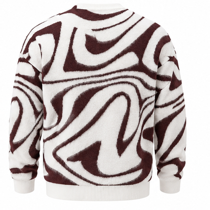 Heren Gebreide Trui met Abstracte Wervelprint – Oversized Pullover met Ronde Hals – Wit/Bruin – Herfst & Winter