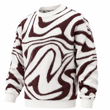 Heren Gebreide Trui met Abstracte Wervelprint – Oversized Pullover met Ronde Hals – Wit/Bruin – Herfst & Winter