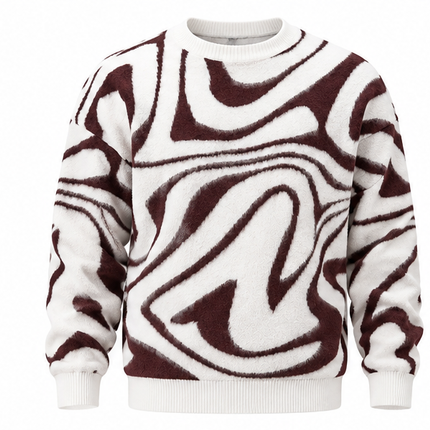 Heren Gebreide Trui met Abstracte Wervelprint – Oversized Pullover met Ronde Hals – Wit/Bruin – Herfst & Winter