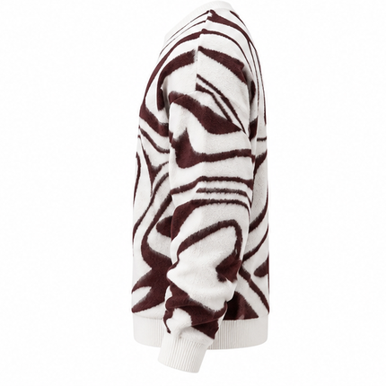 Heren Gebreide Trui met Abstracte Wervelprint – Oversized Pullover met Ronde Hals – Wit/Bruin – Herfst & Winter