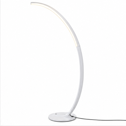 Zwarte moderne LED booglamp van 165 cm met slank gebogen metalen frame, ronde voet en geïntegreerde verlichting, dimbare staande vloerlamp voor woonkamer en slaapkamer.