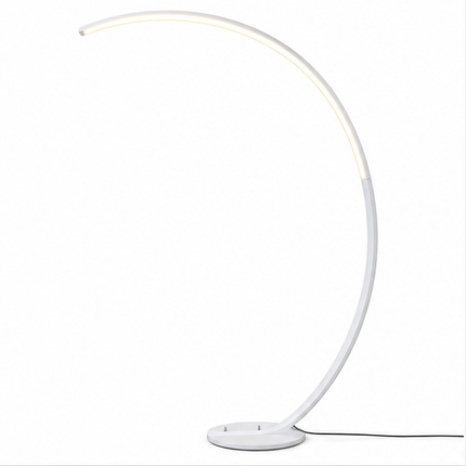 Zwarte moderne LED booglamp van 165 cm met slank gebogen metalen frame, ronde voet en geïntegreerde verlichting, dimbare staande vloerlamp voor woonkamer en slaapkamer.