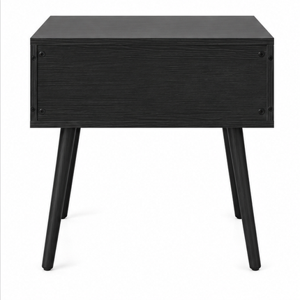 Nachtkastje zwart hout met geribbelde lade en schuine houten poten in Scandinavische stijl