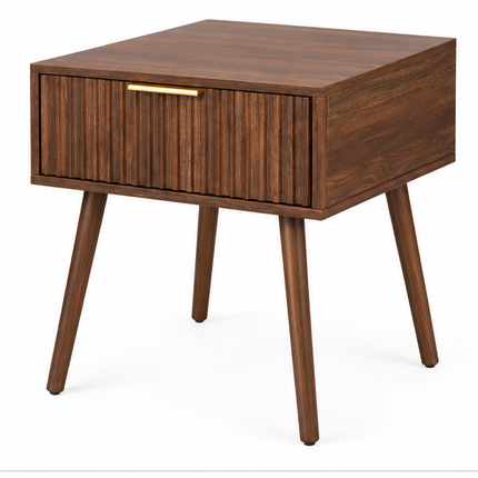 Nachtkastje donkerbruin hout met geribbelde lade en schuine houten poten in Scandinavische stijl