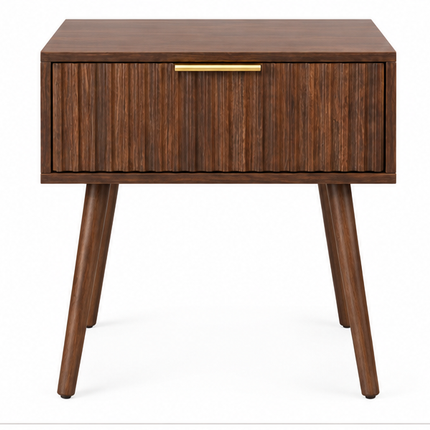 Nachtkastje donkerbruin hout met geribbelde lade en schuine houten poten in Scandinavische stijl
