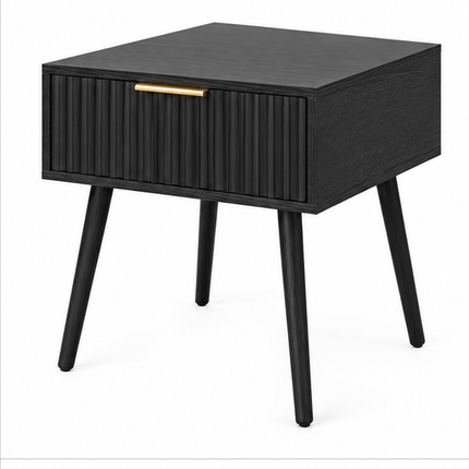 Nachtkastje zwart hout met geribbelde lade en schuine houten poten in Scandinavische stijl