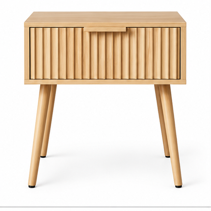Nachtkastje naturel hout met geribbelde lade en schuine houten poten in Scandinavische stijl