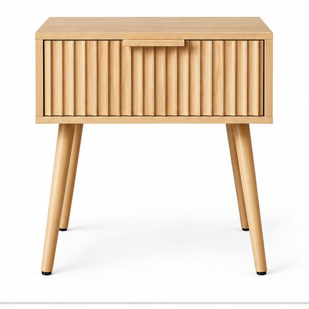 Modern Nachtkastje Houtlook – Scandinavisch Design – Geribbeld Front – Met Lade – Naturel – Houten Poten