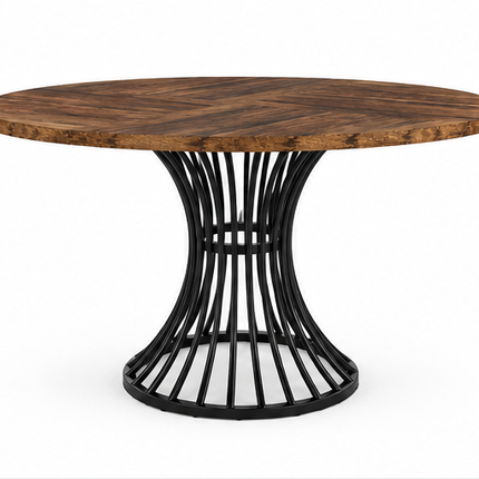 Ronde eettafel 120 cm met bruin houtlook tafelblad en zwart metalen spijlenonderstel, industriële eettafel voor 4-6 personen in lichte eetkamer.