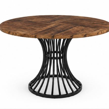 Ronde eettafel 120 cm met bruin houtlook tafelblad en zwart metalen spijlenonderstel, industriële eettafel voor 4-6 personen in lichte eetkamer.