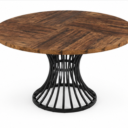 Ronde eettafel 120 cm met bruin houtlook tafelblad en zwart metalen spijlenonderstel, industriële eettafel voor 4-6 personen in lichte eetkamer.