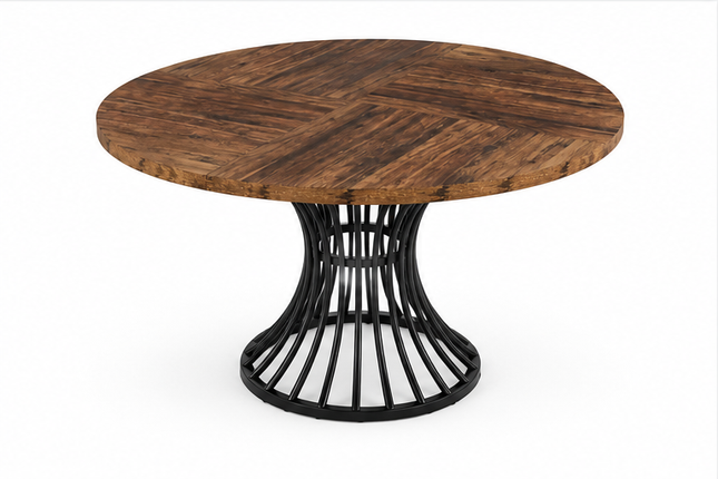 Ronde eettafel 120 cm met bruin houtlook tafelblad en zwart metalen spijlenonderstel, industriële eettafel voor 4-6 personen in lichte eetkamer.
