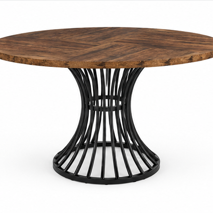 Ronde eettafel 120 cm met bruin houtlook tafelblad en zwart metalen spijlenonderstel, industriële eettafel voor 4-6 personen in lichte eetkamer.
