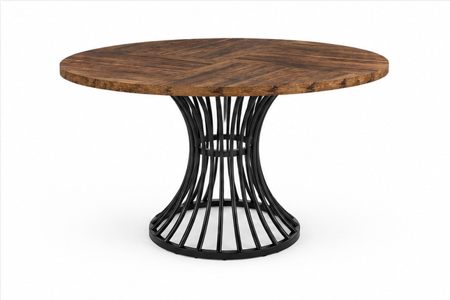 Ronde eettafel 120 cm met bruin houtlook tafelblad en zwart metalen spijlenonderstel, industriële eettafel voor 4-6 personen in lichte eetkamer.