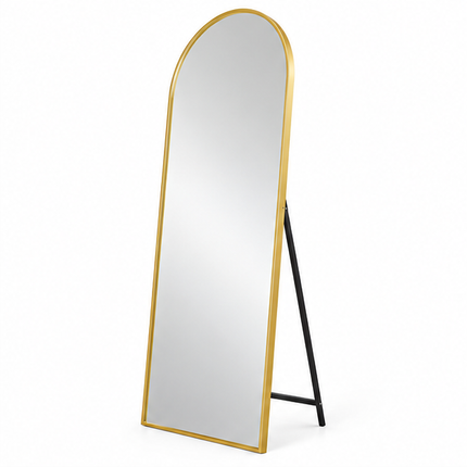 Boogspiegel 168x58 cm met slank metalen frame, grote verticale passpiegel met afgeronde bovenkant op witte achtergrond.