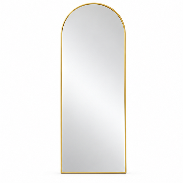 Boogspiegel 168x58 cm met slank metalen frame, grote verticale passpiegel met afgeronde bovenkant op witte achtergrond.