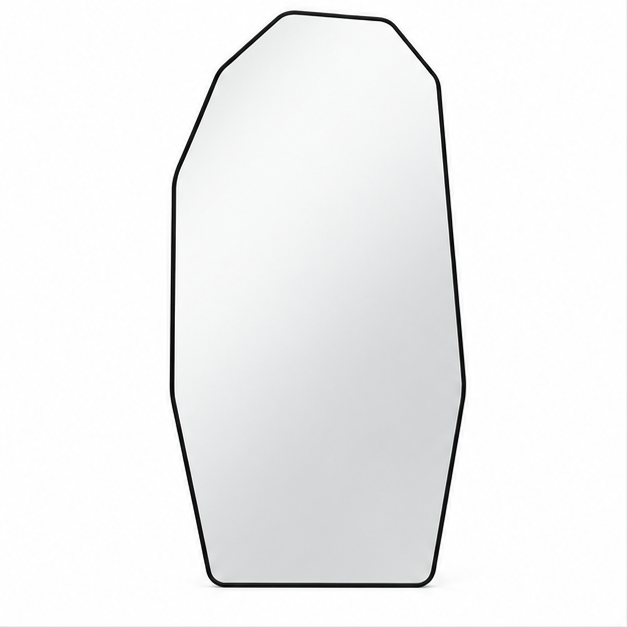 Grote organische passpiegel 200 x 92 cm met zwart aluminium frame, asymmetrische vorm en gehard spiegelglas, moderne volledige lengte spiegel.