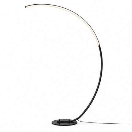 Zwarte moderne LED booglamp van 165 cm met slank gebogen metalen frame, ronde voet en geïntegreerde verlichting, dimbare staande vloerlamp voor woonkamer en slaapkamer.